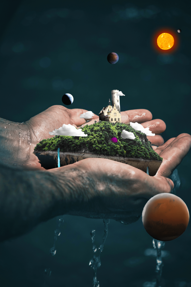Link to the nurtured accretion project page. Depicts a pair of enormous hands holding an island surrounded by nearby clouds and distant celestial bodies.